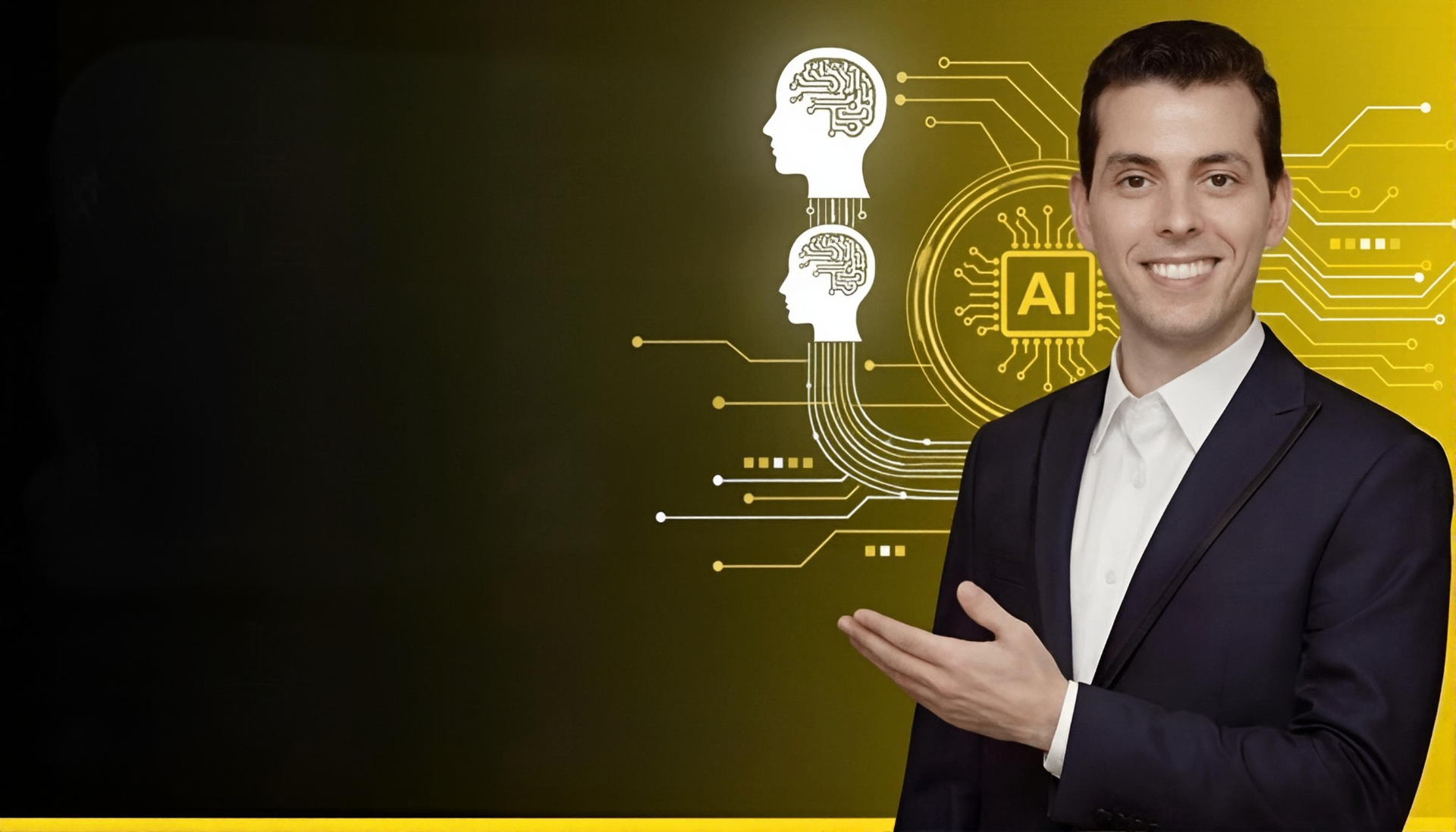 Malek Kilani with an AI brain and circuit illustration